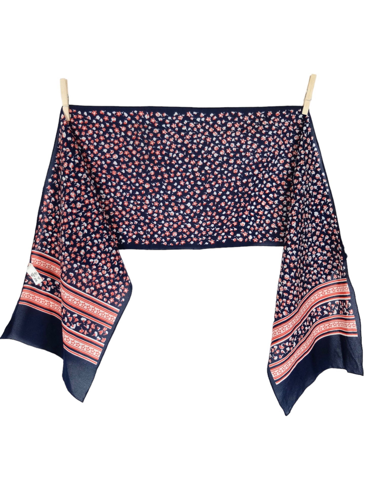 Vintage 60s Mod Chic Dark Navy Blue & Red Floral Print Long Wide Wrap Neck Tie Scarf