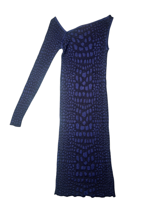 Vintage 2000s Y2K Missoni M Wool Blend Purple & Black Knit Abstract Animal Print One-Shoulder Asymmetrical Fitted Maxi Dress | Size XS-S