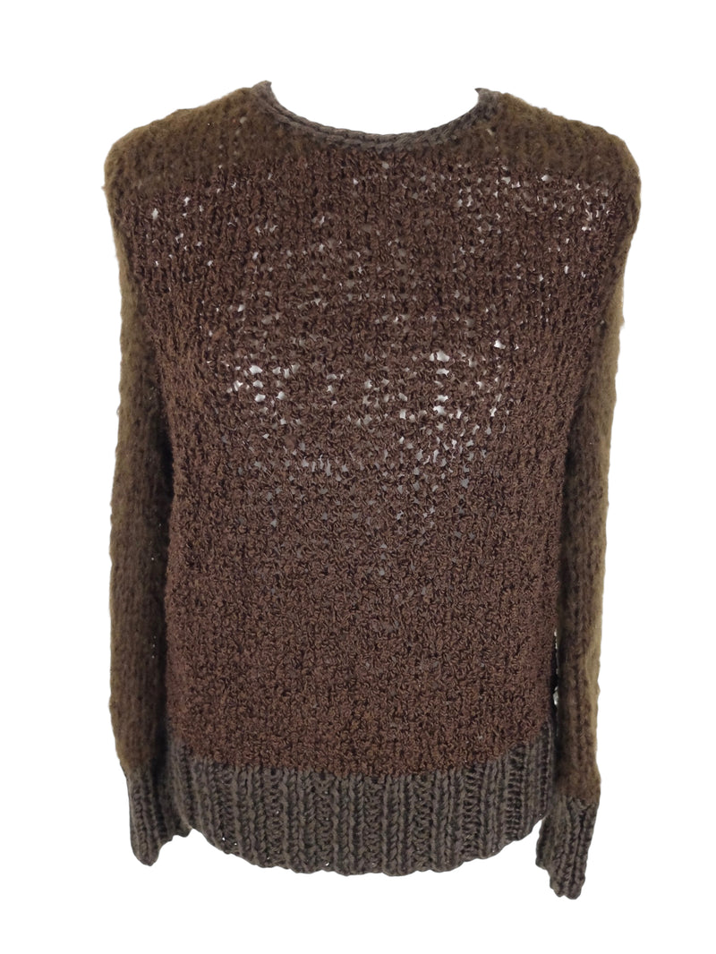 Vintage 80s Bohemian Hippie Cottage Solid Brown Scoop Neck Chunky Knit Pullover Sweater Jumper | Size M