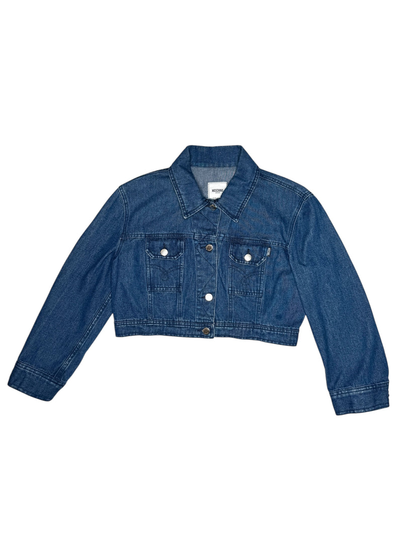 Vintage 2000s Y2K Moschino Jeans Cropped Blue Medium Wash Collared Button Down Denim Jacket | Size M-L