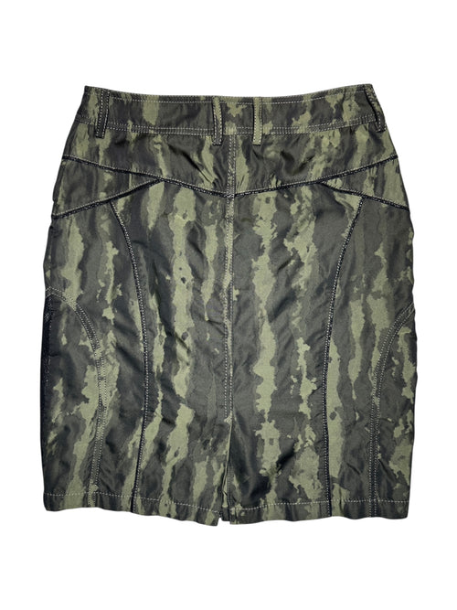 Vintage 2000s Subversive High Waisted Abstract Green Camo Print Knee Length Fitted Midi Skirt with Double Zip | 28 Inch Waist