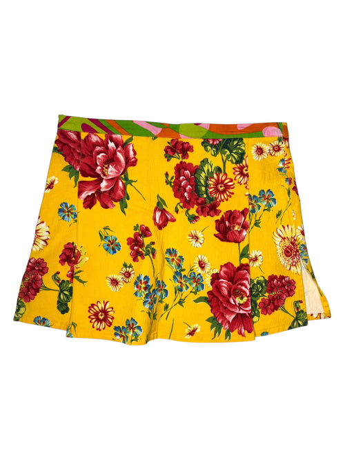 Vintage 2000s Y2K Dolce & Gabbana Bohemian Preppy Low Mid Rise Yellow Floral & Abstract Patterned A-Line Mini Skirt | Size S
