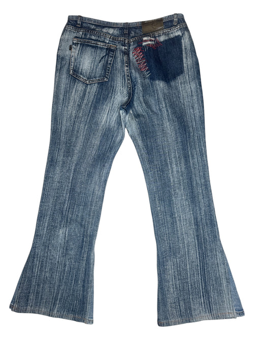 Vintage 2000s Y2K Just Cavalli Embroidered Mid-Rise Acid Wash Blue Denim Bootcut Jeans | 30 Inch Waist