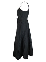 Vintage 2000s Y2K Chic Mod Preppy Solid Black Sleeveless Tank Fit & Flare Floor Length 1/2 Button Down Crinkle Maxi Wrap Dress with Waist Tie | Size L