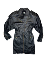 Vintage 90s Black Moto Leather Long Sleeve Fitted Zip Up Mini Dress | Size XS