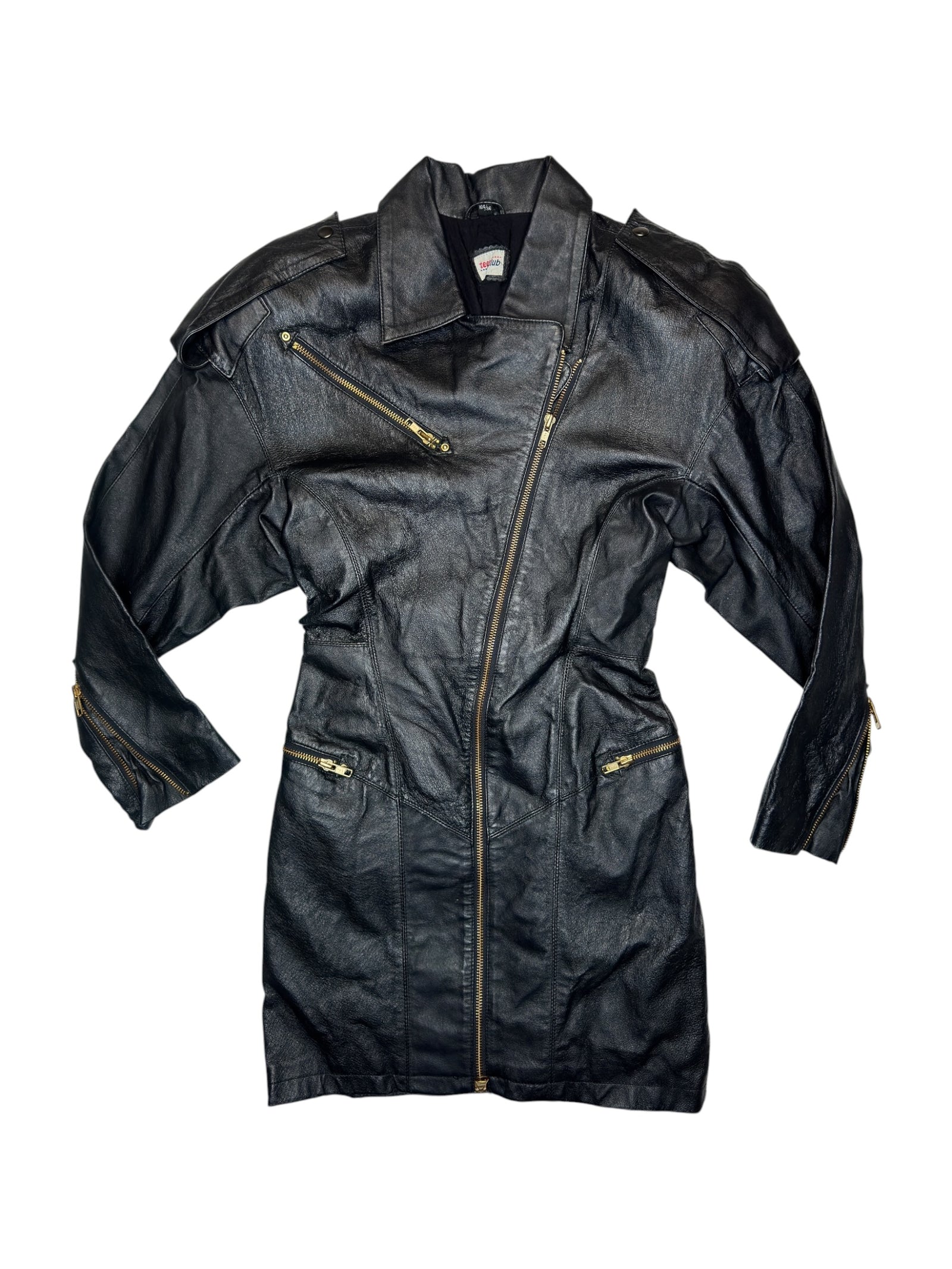 Vintage 90s Black Moto Leather Long Sleeve Fitted Zip Up Mini Dress | Size XS