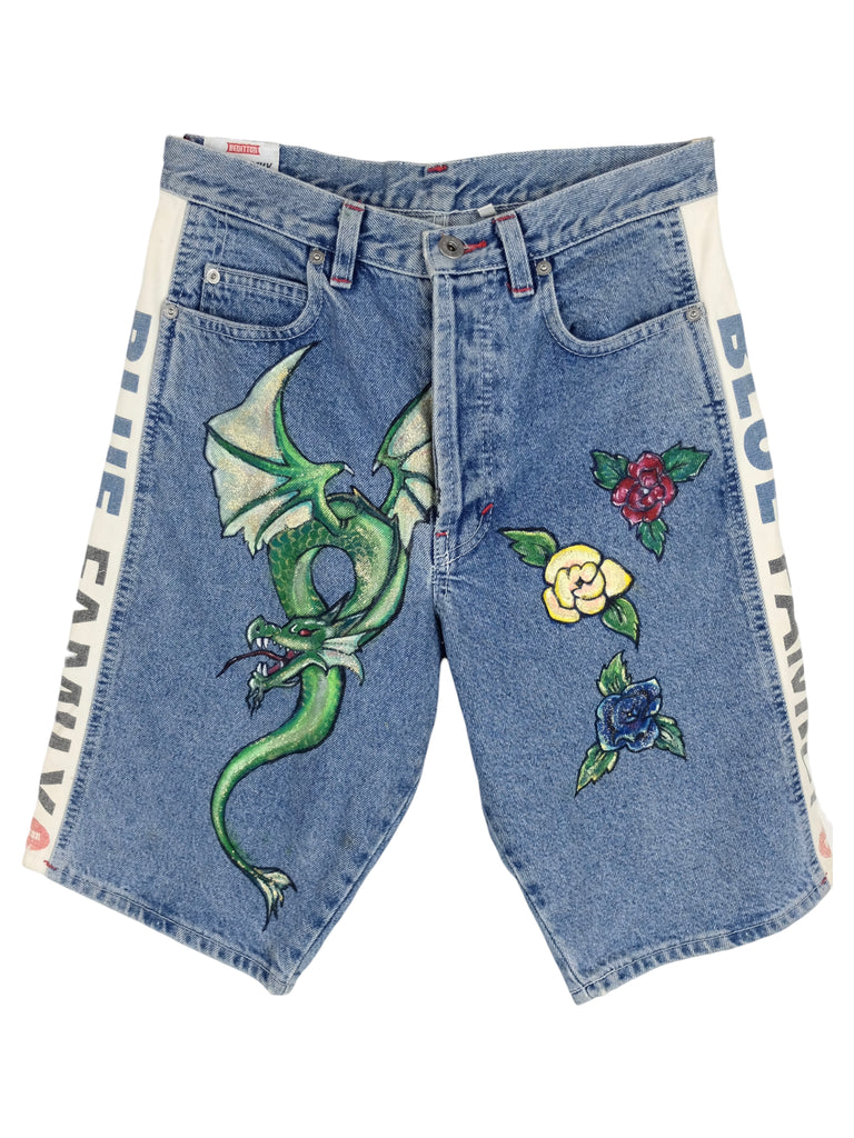 Vintage 2000s Y2K High Waisted Cute Utilitarian Blue Medium Wash Denim Jorts Long Bermuda Shorts with Painted Dragon & Flowers | 29 Inch Waist