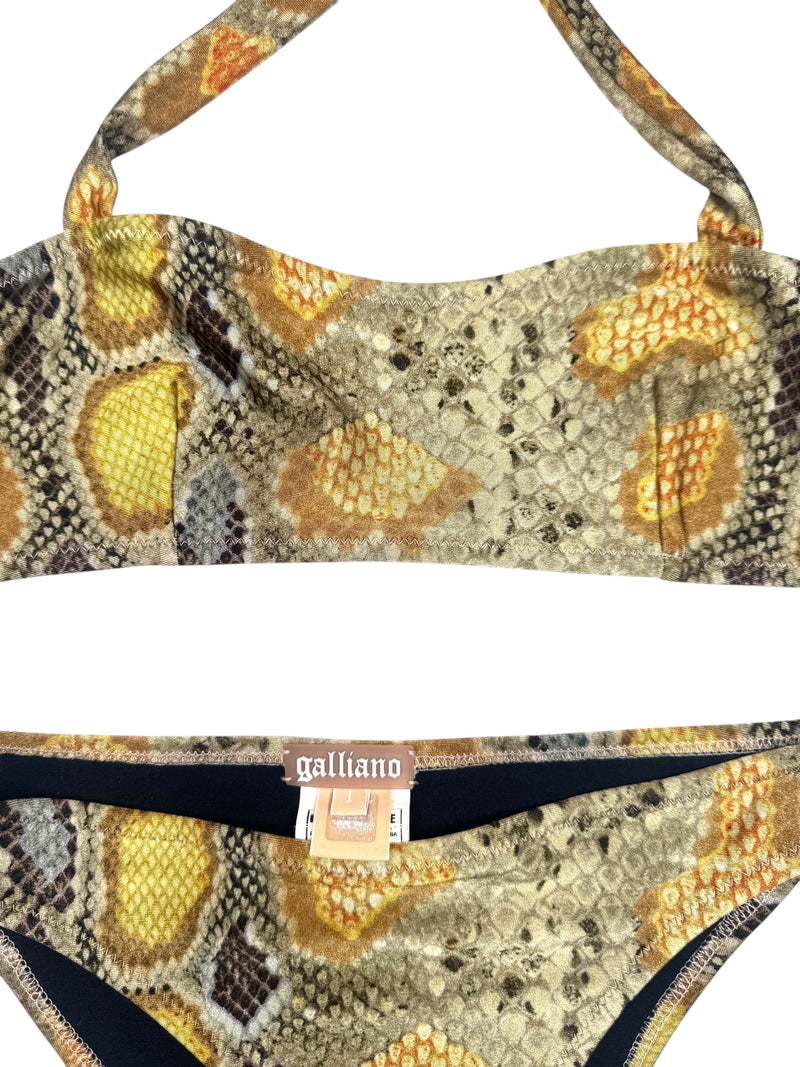 Vintage 2000s Y2K Galliano Snake Print Two Piece Bikini with Halter Top and Low-Rise Bottoms | Size XS