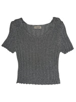 Vintage 90s Metallic Silver Short Sleeve Stretchy Scoop Neck Ribbed Knit Blouse | Size M