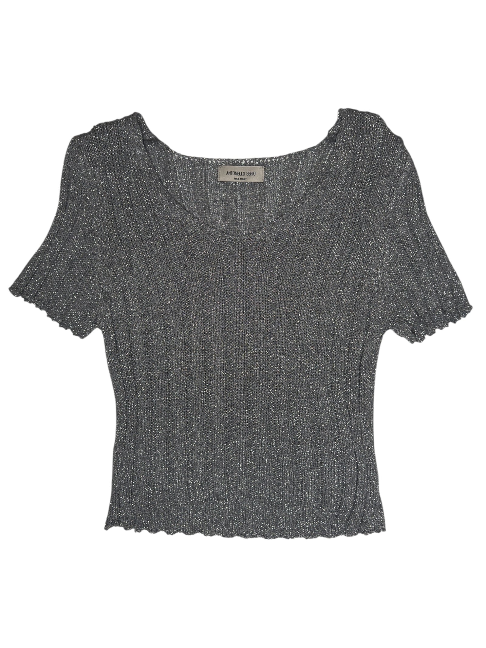 Vintage 90s Metallic Silver Short Sleeve Stretchy Scoop Neck Ribbed Knit Blouse | Size M