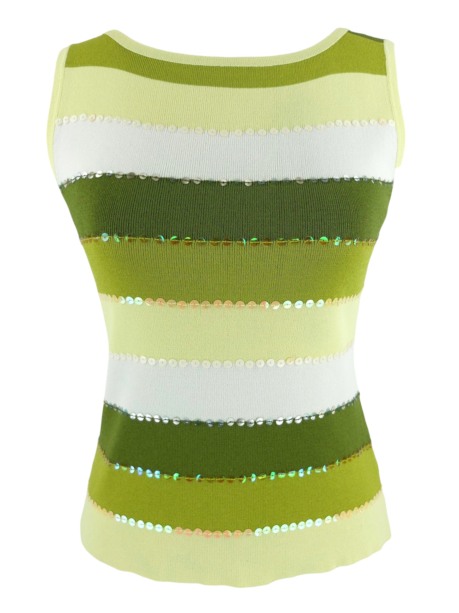 Vintage 2000s Y2K Mod Bohemian Green & White Striped Sleeveless Knit Tank Blouse with Sequin Detail | Size M-L