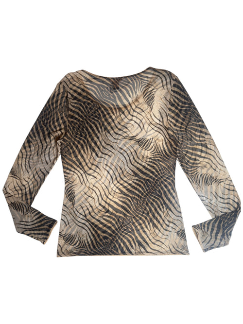 Vintage 2000s Roberto Cavalli Abstract Zebra Animal Print Long Sleeve Mesh Top | Size XL-XXL