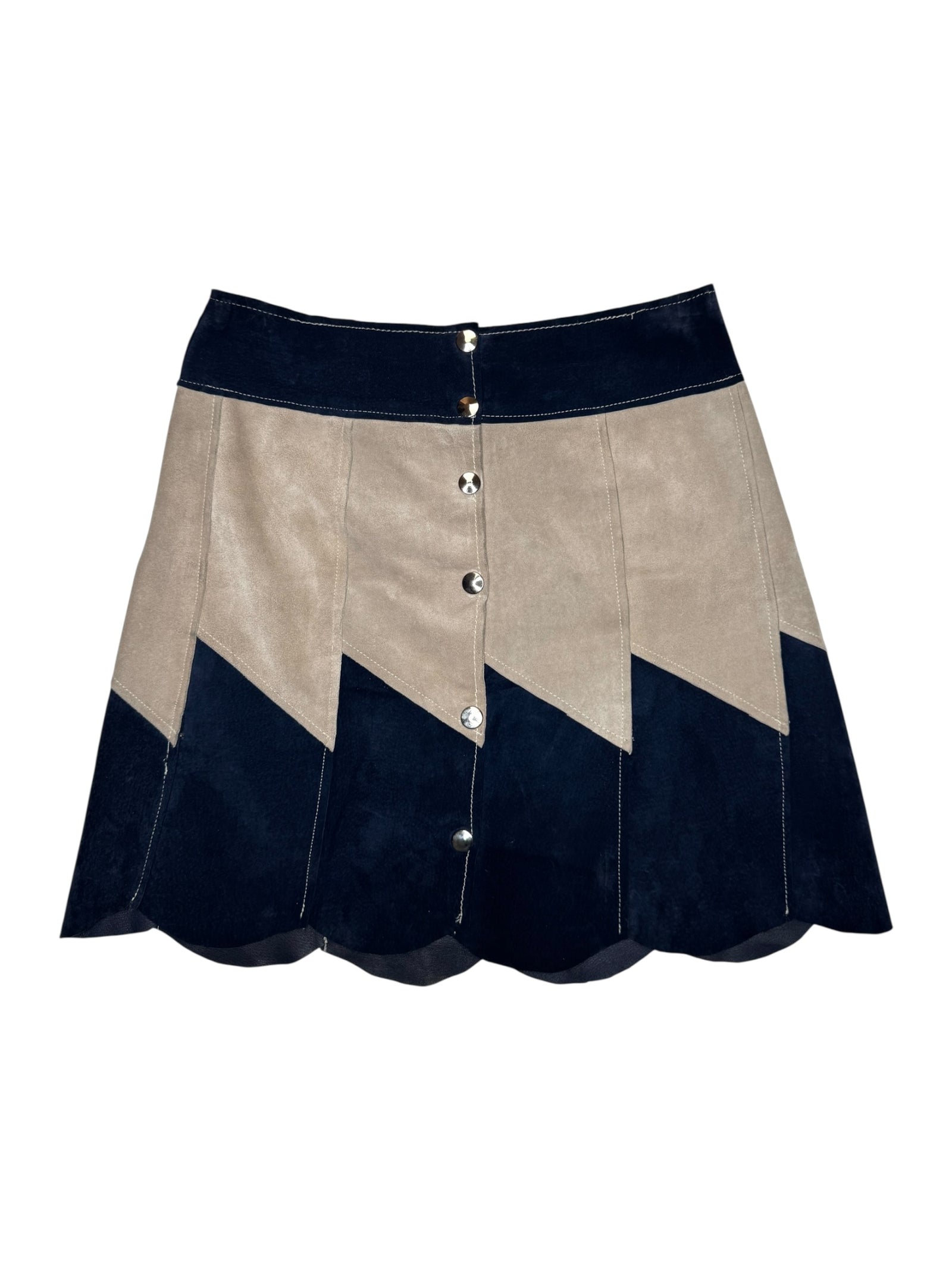 Vintage 90s Blue & Beige Suede Leather High Waisted A-Line Scallop Hem Snap Button Mini Skirt | Size S