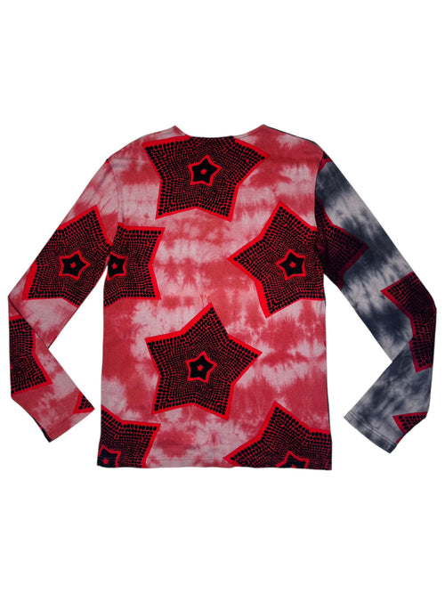 Vintage 2000s Custo Barcelona Abstract Red & Grey Tie Dye Stars Long Sleeve Shirt | Size L