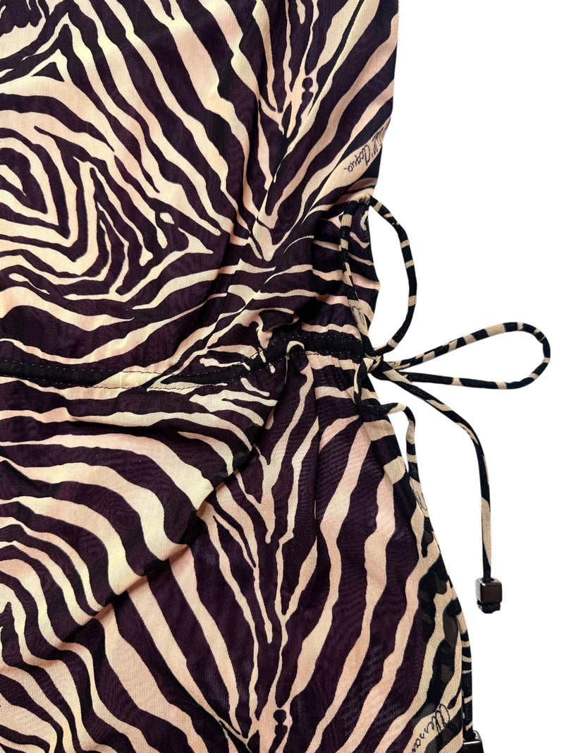 Vintage 2000s Y2K Alesandro Dell’acqua Brown & Pink Tiger Animal Print Sleeveless Layered Mini Dress with Cinched Drop Waist & Tie Details | Size M
