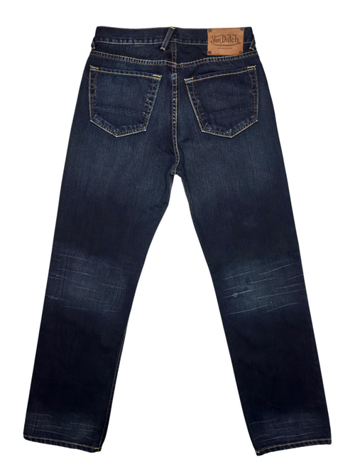 Vintage 2000s VON DUTCH Men's Dark Wash Blue Denim Straight Leg Fire Patch Jeans | Size S-M