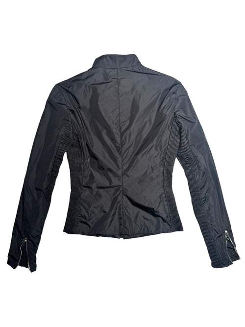 Vintage 2000s Y2K Prada Black Moto Nylon Fitted Utility Track Windbreaker Jacket with Ruffle Detail | Size XXS