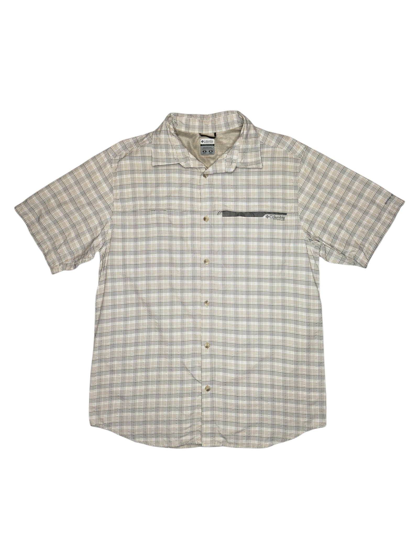 Vintage 2000s Men's COLUMBIA Grey & Beige Short Sleeve Checkered Utility Button Up Shirt | Size L