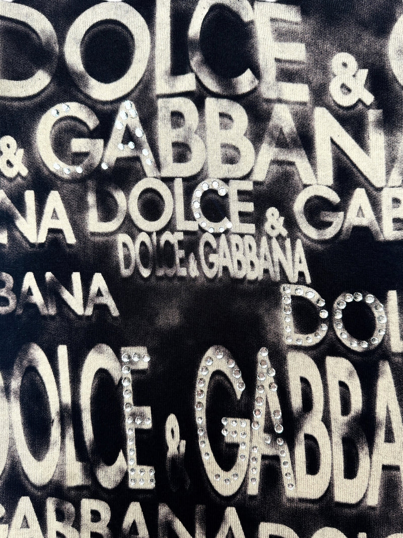 Vintage 2000s Y2K Dolce & Gabbana Black & Beige Bedazzled Rhinestone Graphic Short Sleeve Logo Tee | Size M-L