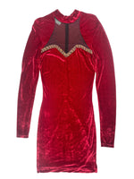 Vintage 80s Rocco Barocco Red Velvet Mockneck Long Sleeve Formal Dress with Mesh Cutout | Size XL