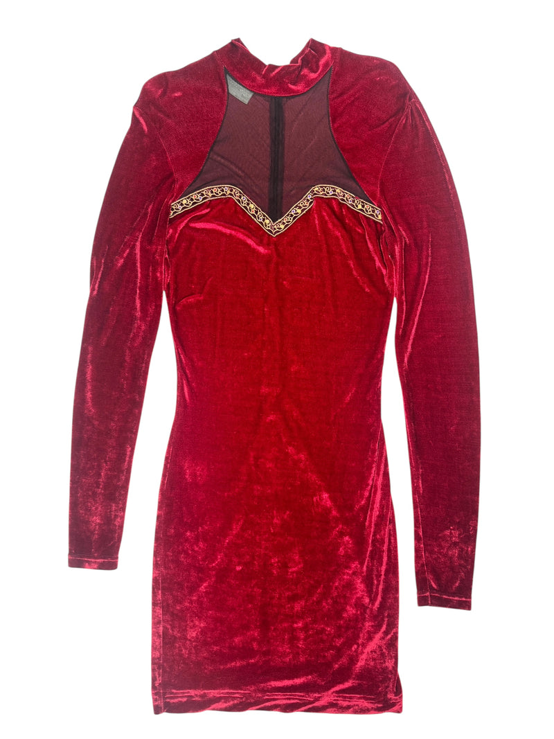 Vintage 80s Rocco Barocco Red Velvet Mockneck Long Sleeve Formal Dress with Mesh Cutout | Size XL
