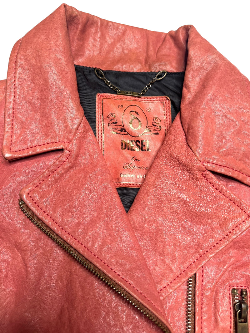 Vintage 2000s Y2K Diesel Grunge Coral Orange Zip Up Moto Leather Jacket with Corset Back Lace Detail | Size M
