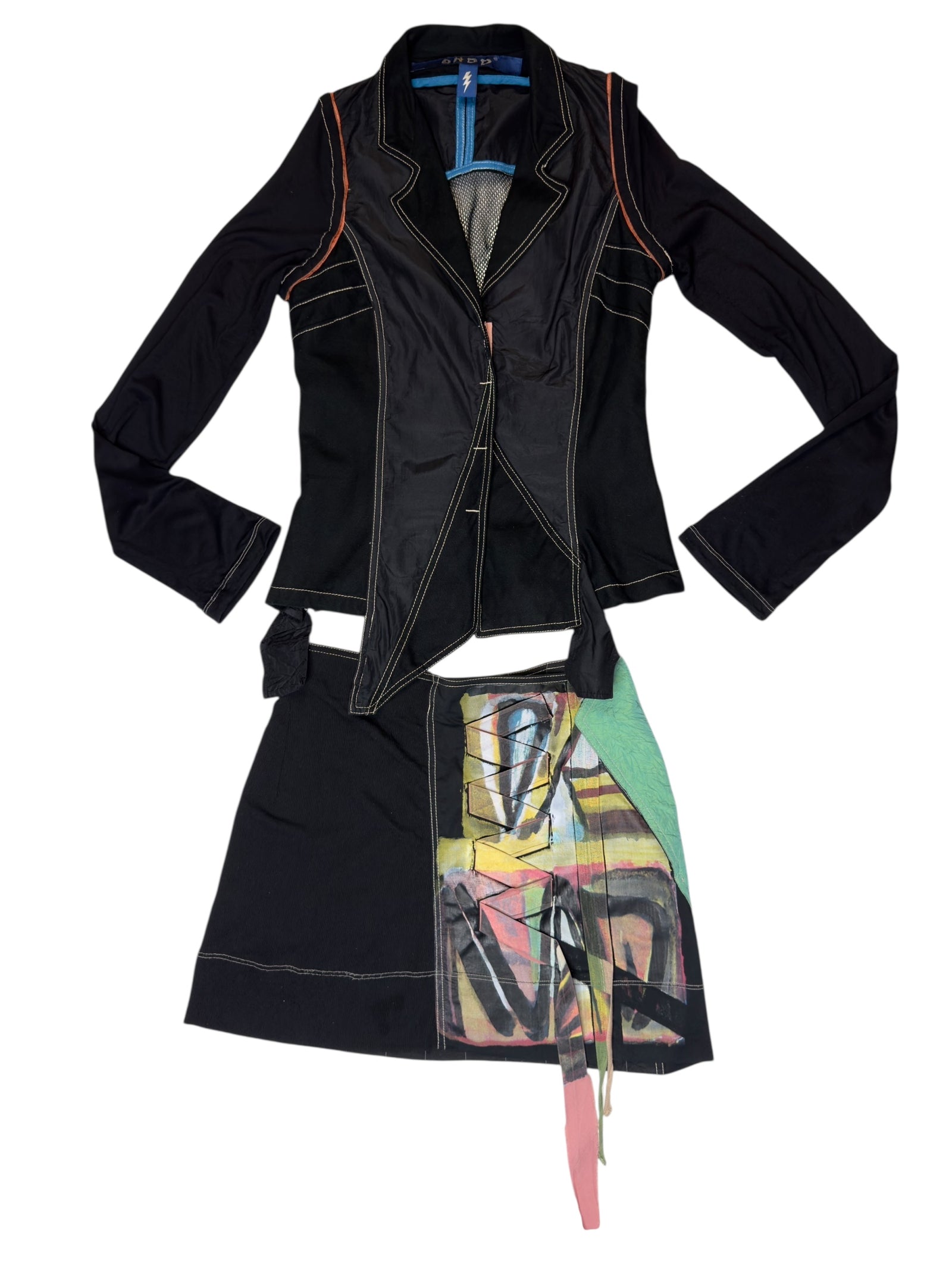 Vintage 2000s OHDD by Save the Queen Subversive Abstract Screen Printed Cutout Blazer & Low Rise Mini Skirt 2 Piece Set | Size S