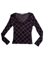 Vintage 2000s Purple Plaid Long Sleeve Mesh Top with Ruffle Detail | Size S