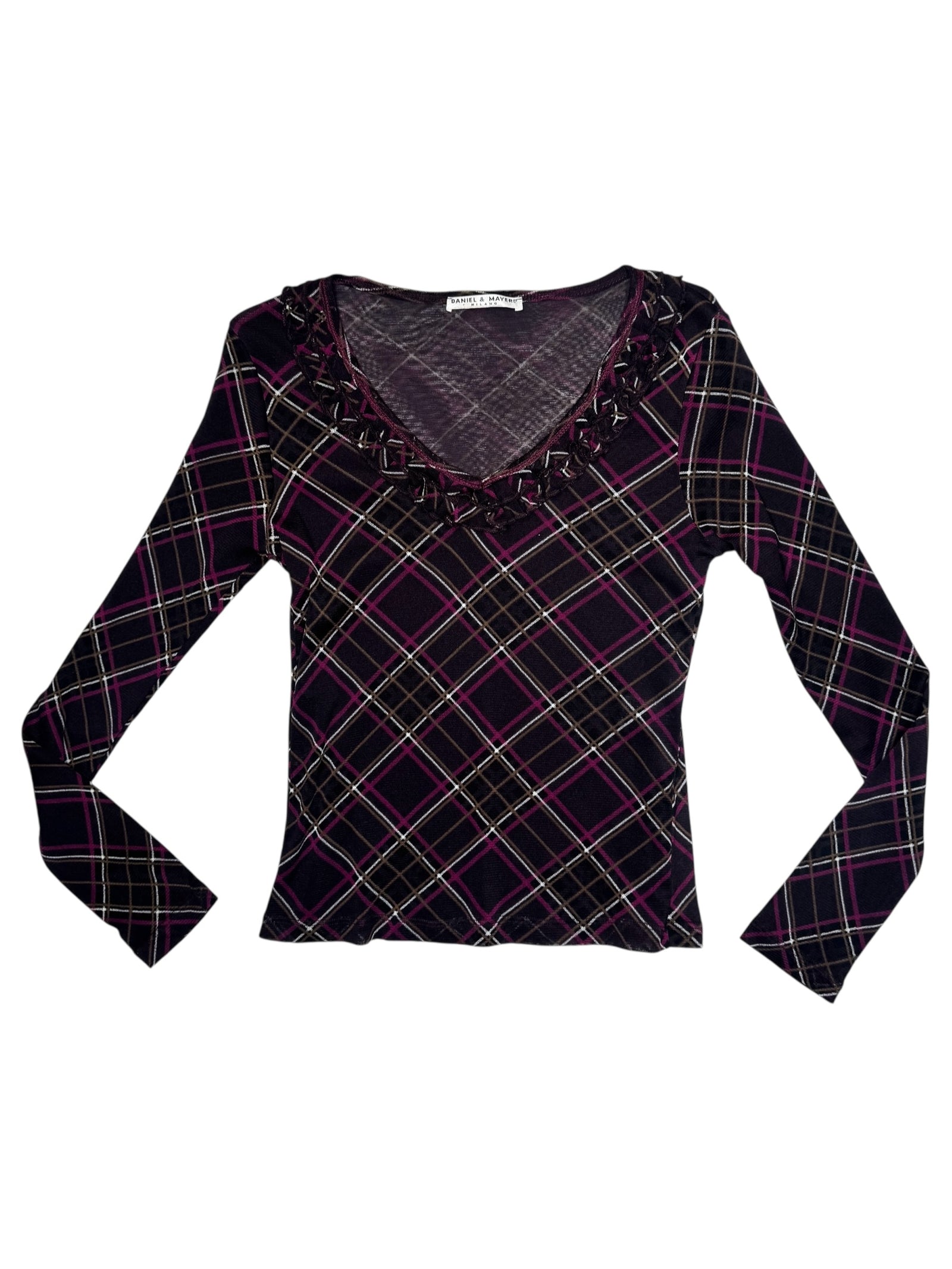 Vintage 2000s Purple Plaid Long Sleeve Mesh Top with Ruffle Detail | Size S