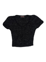 Vintage 2000s Y2K Black Fuzzy Metallic Sparkle Short Sleeve Cropped Top | Size XS-S