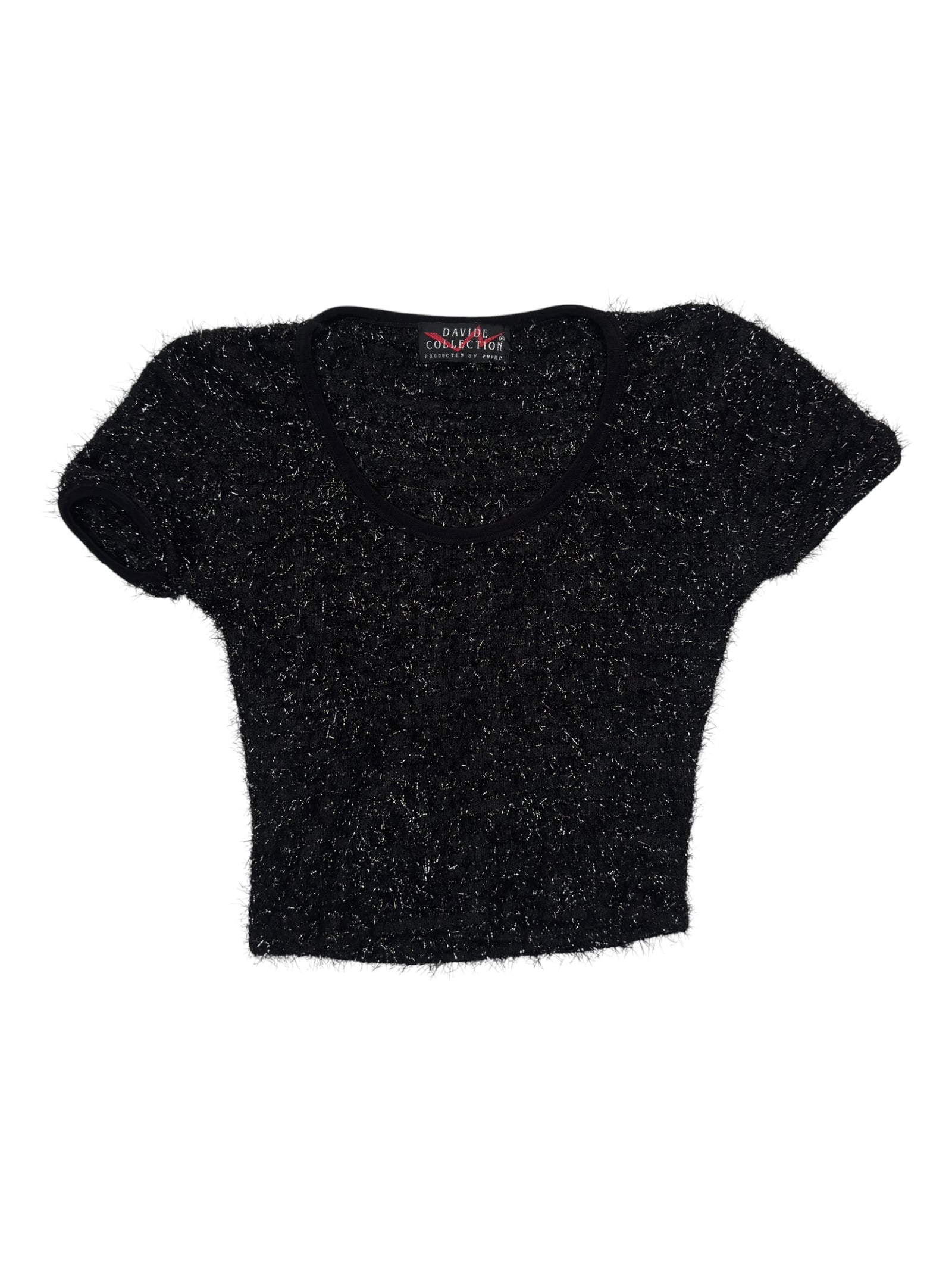 Vintage 2000s Y2K Black Fuzzy Metallic Sparkle Short Sleeve Cropped Top | Size XS-S