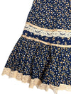 Vintage 70s Gunne Sax Bohemian Hippie Prairie Navy Blue Floral Ruffled Cotton Midi Peasant Skirt with Lace Trim | Size XXS-XS