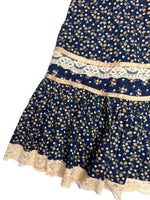 Vintage 70s Gunne Sax Bohemian Hippie Prairie Navy Blue Floral Ruffled Cotton Midi Peasant Skirt with Lace Trim | Size XXS-XS