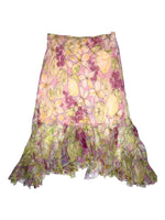 Vintage 2000s BLUMARINE Silk Chiffon Yellow Pink & Green Floral Layered Midi Skirt with Ruffle Hem | Size S