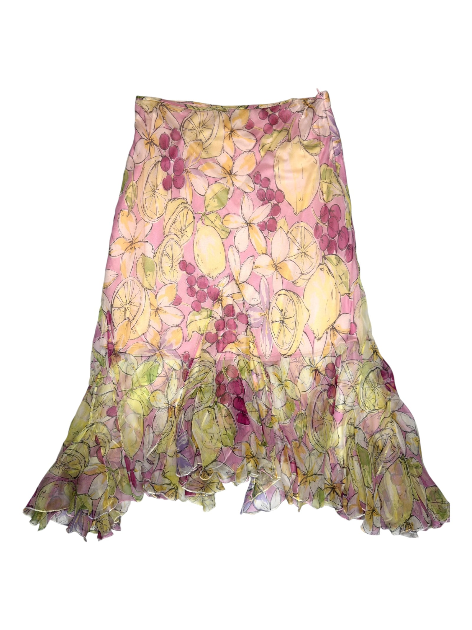 Vintage 2000s BLUMARINE Silk Chiffon Yellow Pink & Green Floral Layered Midi Skirt with Ruffle Hem | Size S