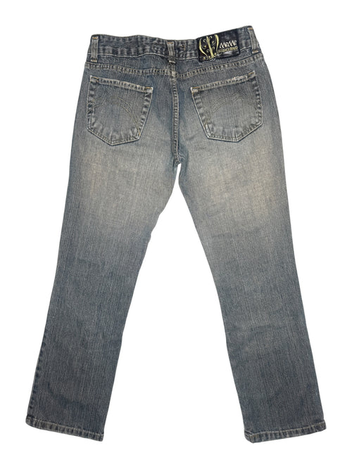 Vintage 2000s Y2K Bohemian Grunge Low Mid Rise Ripped Faded Denim Straight Leg Slim Jeans With Floral Patchwork Detail | 28 Inch Waist