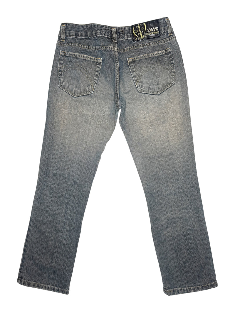 Vintage 2000s Y2K Bohemian Grunge Low Mid Rise Ripped Faded Denim Straight Leg Slim Jeans With Floral Patchwork Detail | 28 Inch Waist