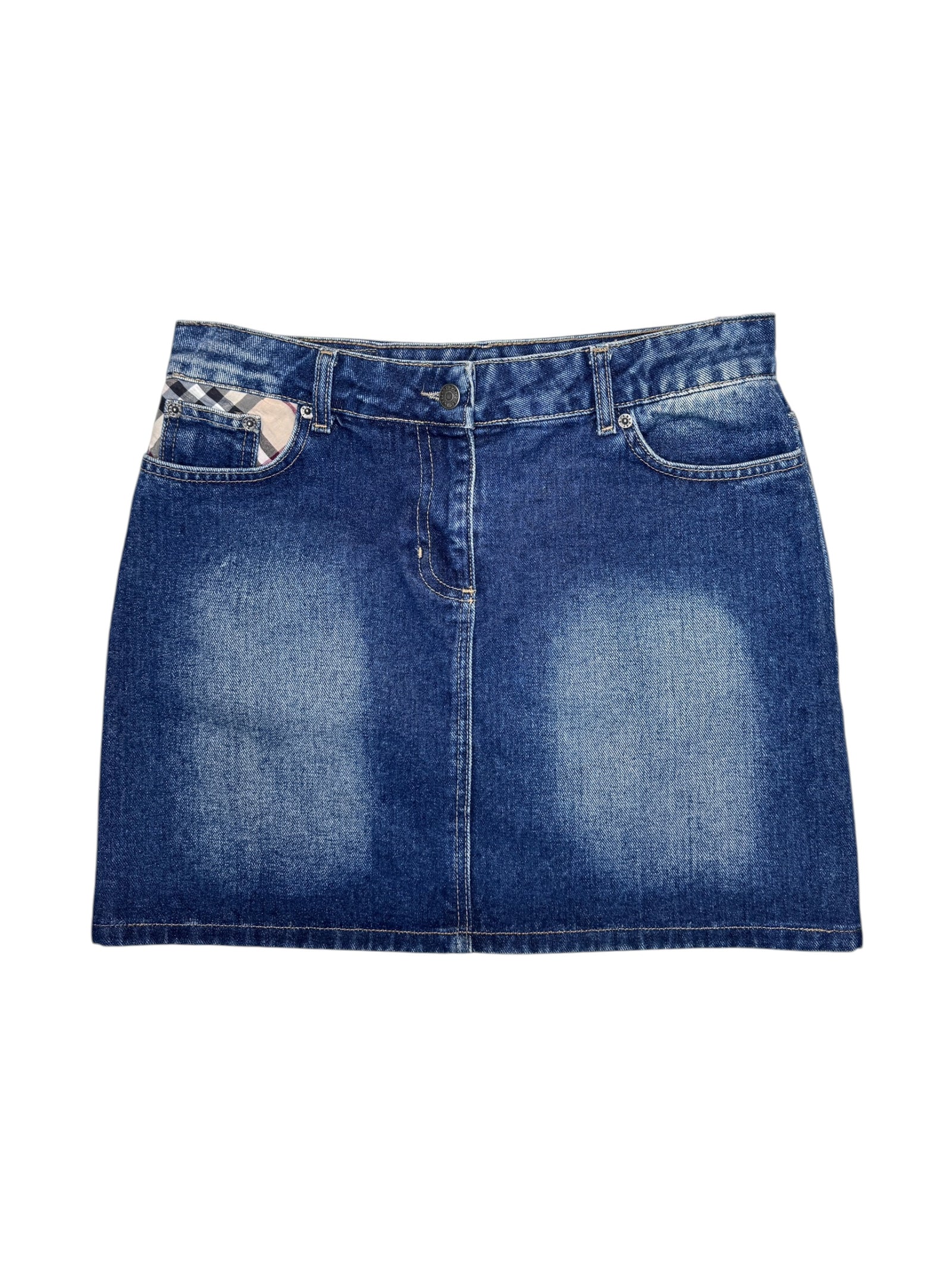 Vintage 2000s BURBERRY Mid-Rise Stonewash Denim Jean Mini Skirt with Plaid Pocket Detail | Size S