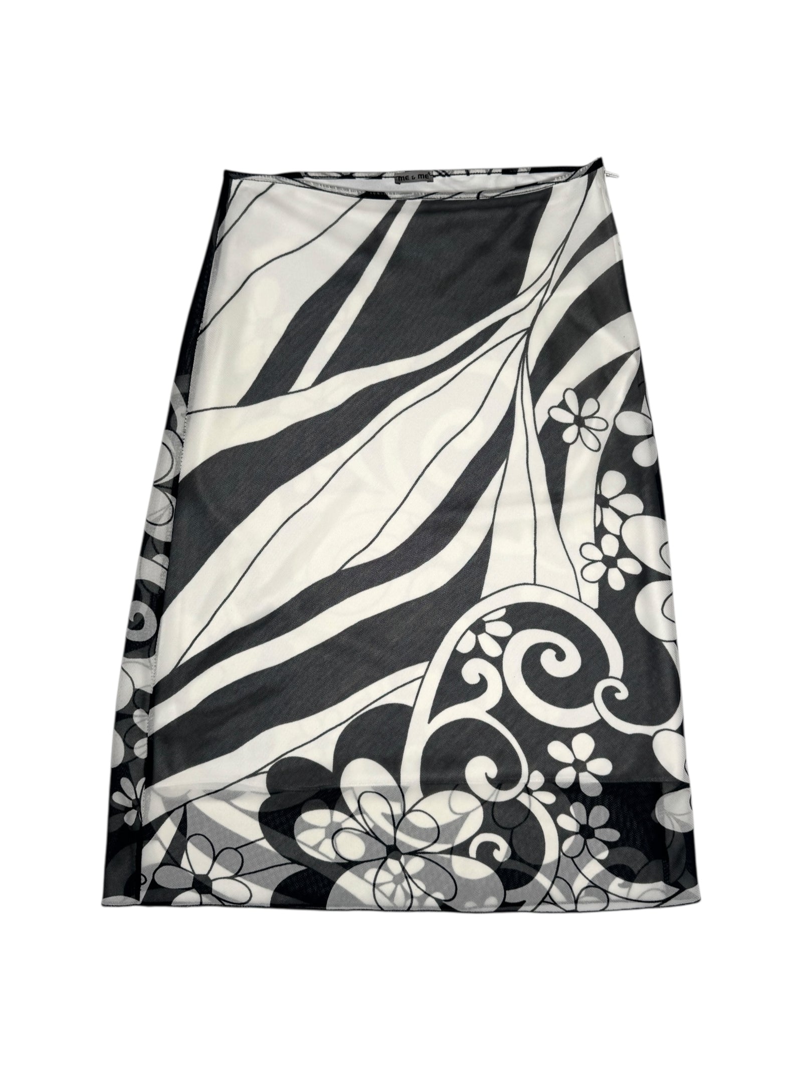 Vintage 2000s Black & White Abstract Floral Patterned Mesh Midi Skirt | Size S