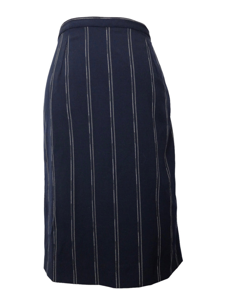 Vintage 80s Gianni Versace Navy Blue High Waisted Striped Straight Silhouette Below-the-Knee Pencil Skirt | 33 Inch Waist