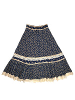 Vintage 70s Gunne Sax Bohemian Hippie Prairie Navy Blue Floral Ruffled Cotton Midi Peasant Skirt with Lace Trim | Size XXS-XS