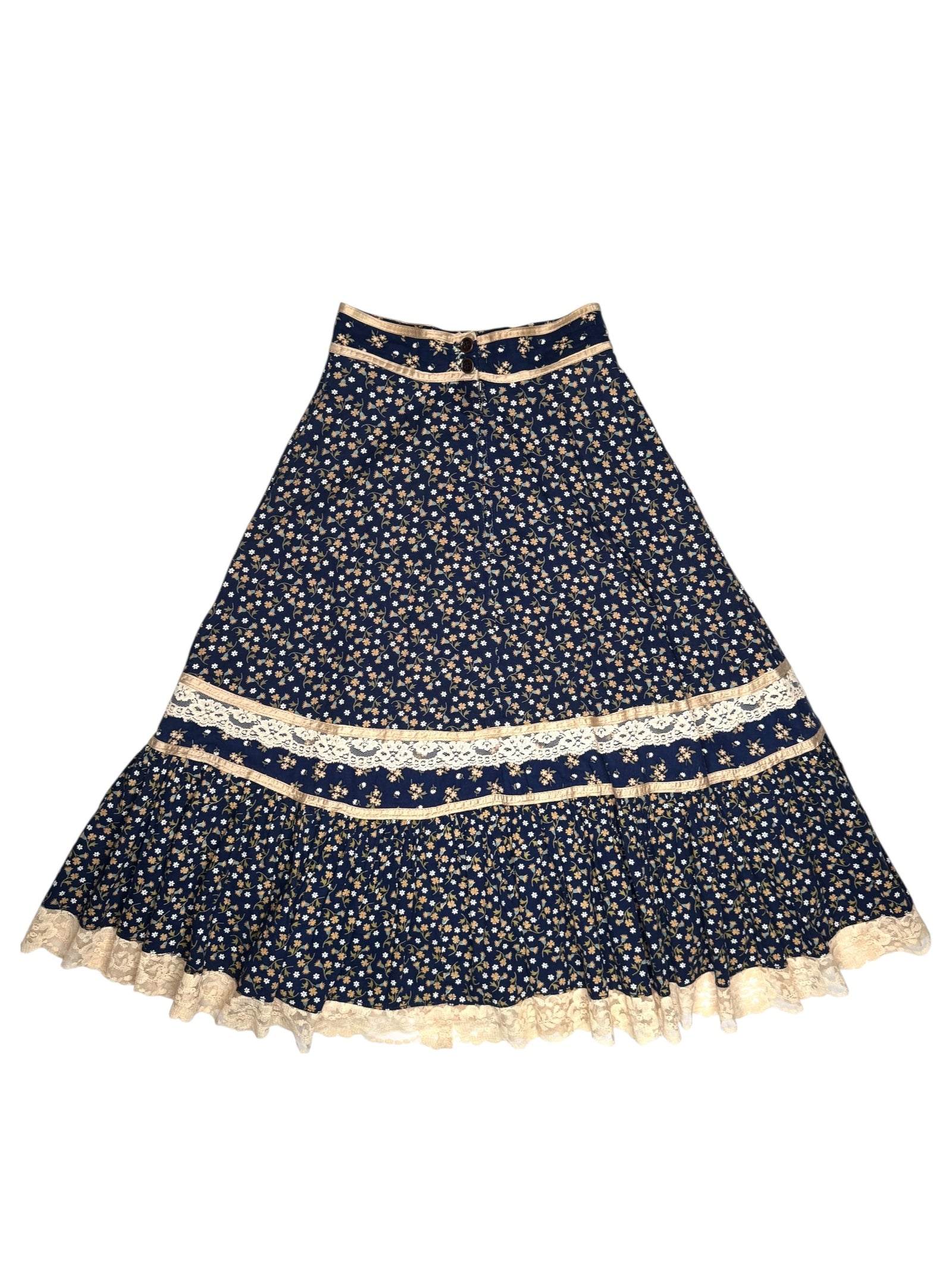 Vintage 70s Gunne Sax Bohemian Hippie Prairie Navy Blue Floral Ruffled Cotton Midi Peasant Skirt with Lace Trim | Size XXS-XS
