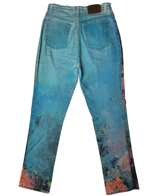 Vintage 90s 1999 Y2K Cavalli High Waisted Abstract Blue Coral Print Graphic Jeans | 28 Inch Waist