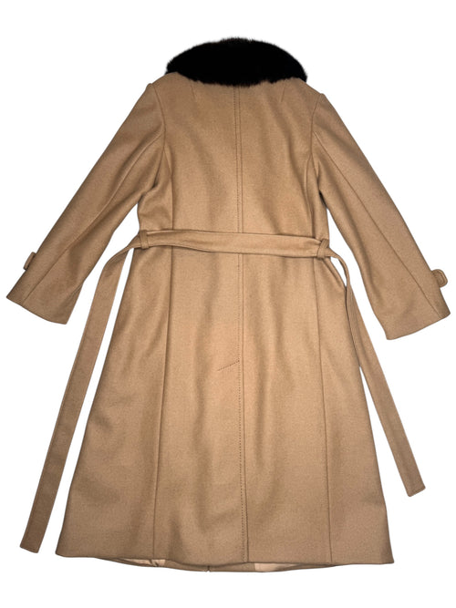 Vintage 70s Mod Bohemian Hippie Tan Button Down Trench Coat With Genuine Fur Trim & Tie Belt | Size S-M
