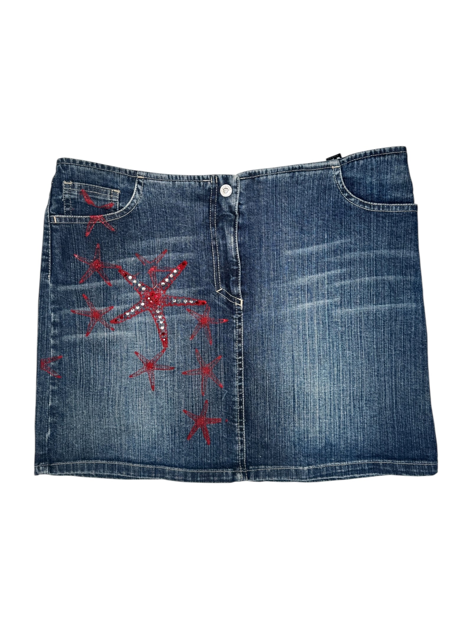 Vintage 2000s Y2K Versace Jeans Couture Low Rise Medium Wash Faded Denim Skirt With Red Stars & Rhinestones | Size M