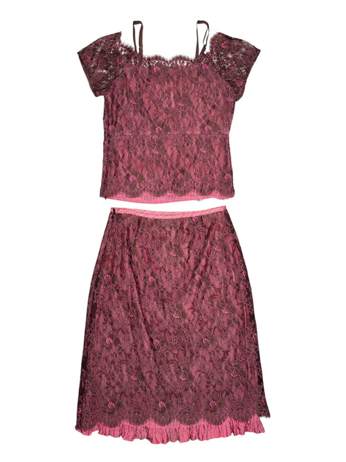 Vintage 2000s KENZO JUNGLE Pink & Brown Lace Cap Sleeve Top & Ruffle Knee-Length Skirt Two-Piece Set | Size S
