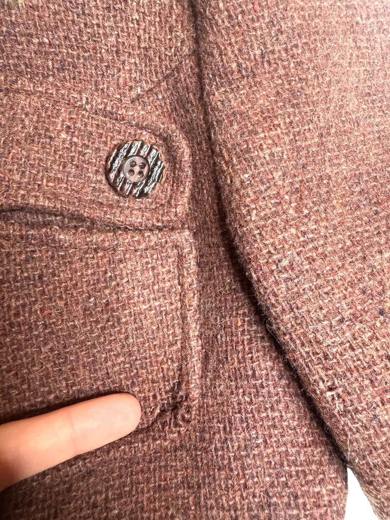 Vintage 70s Mod Bohemian Hippie Rust Orange Brown Woven Button Down Faux Fur Hooded Winter Trench Coat | Size S