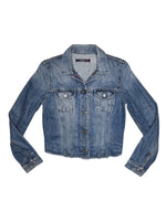 Vintage 2000s Blue Denim Fitted Jean Jacket with Cropped Back Detail | Size S