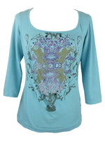 Vintage 2000s Y2K Just Cavalli Turquoise Blue Scoop Neck Metallic Angel Patterned 3/4 Sleeve Pullover Blouse | Size M- L