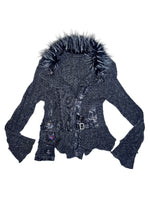 Vintage 2000s Y2K Grey Knit Zip Up Sweater with Fuzzy Collar and Buckle Details | Size L-XL